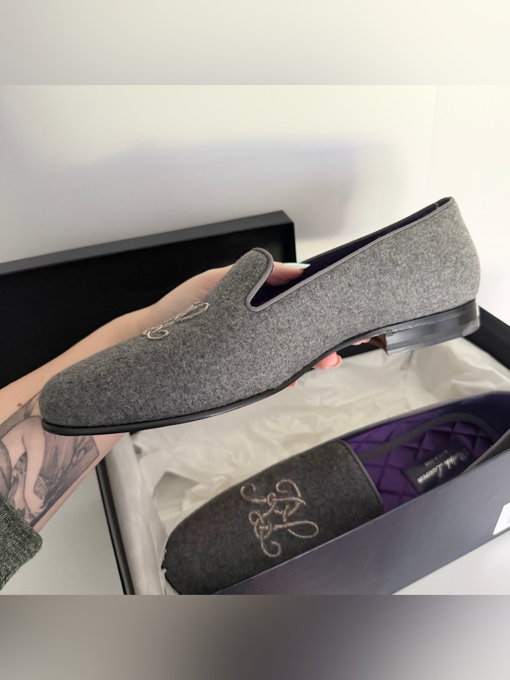 Ralph Lauren Purple Label Alonzo Plaid Wool Tweed Slipper in Grey NIB NWT - Picture 5 of 13